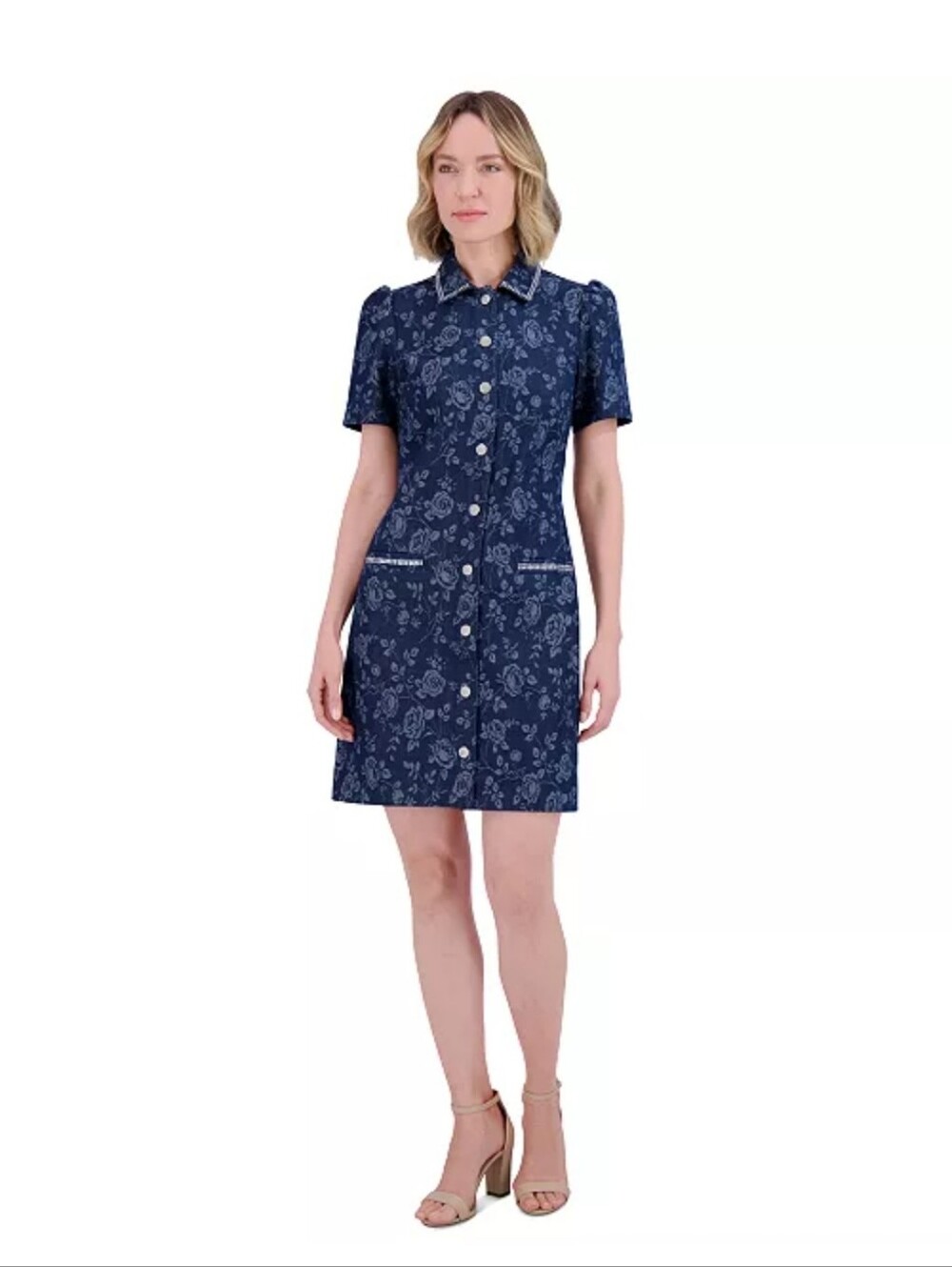 Eliza J NWT Denim Floral Rhinestone Snap Button Shirt Dress 14W $168 Party